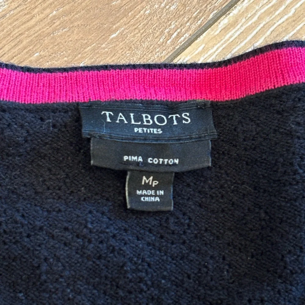 Talbots Petites Pima Cotton Cardigan – Navy with Pink Trim - Picture 2 of 6